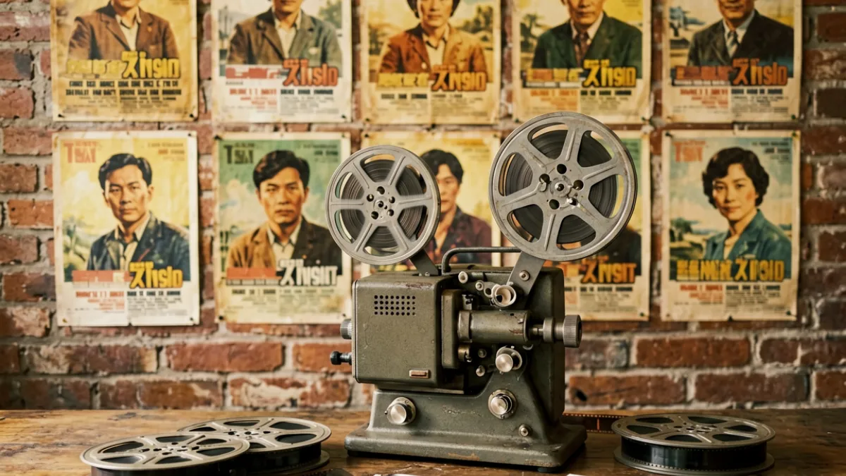 多张老旧电影海报拼贴在墙上，旁边有胶片卷和旧式放映机，展现影迷文化与爱片收藏的历史感