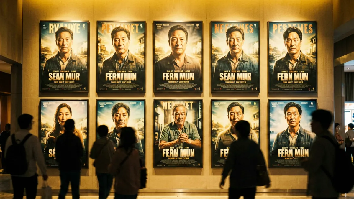 爱片资讯封面图，展示近期热映影片海报拼贴与放映厅灯光场景