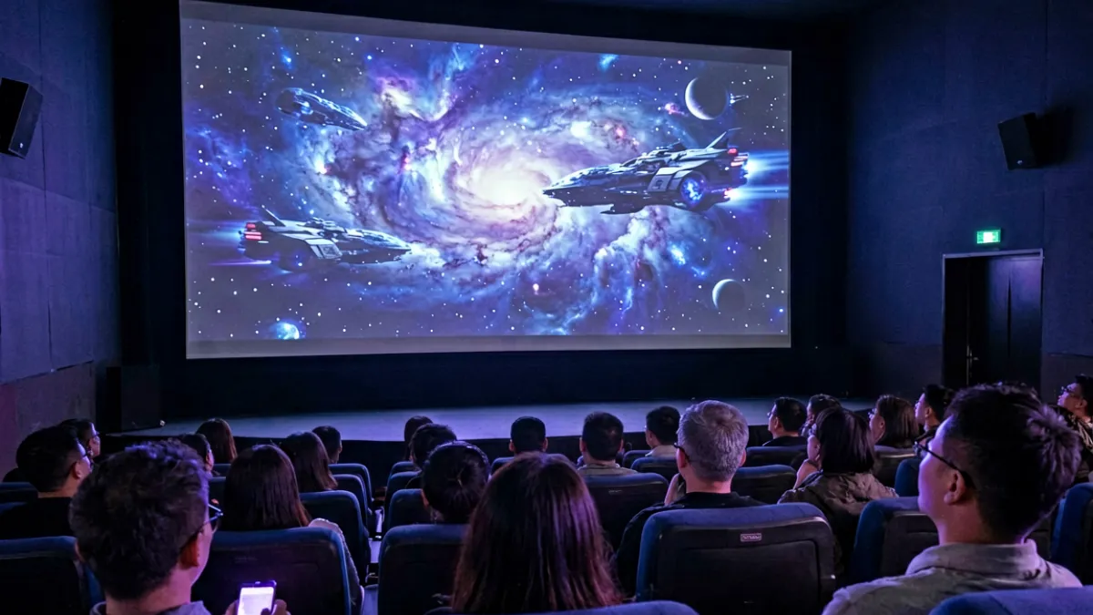 观众在放映厅内观看国产科幻影片，银幕上呈现壮观宇宙特效画面