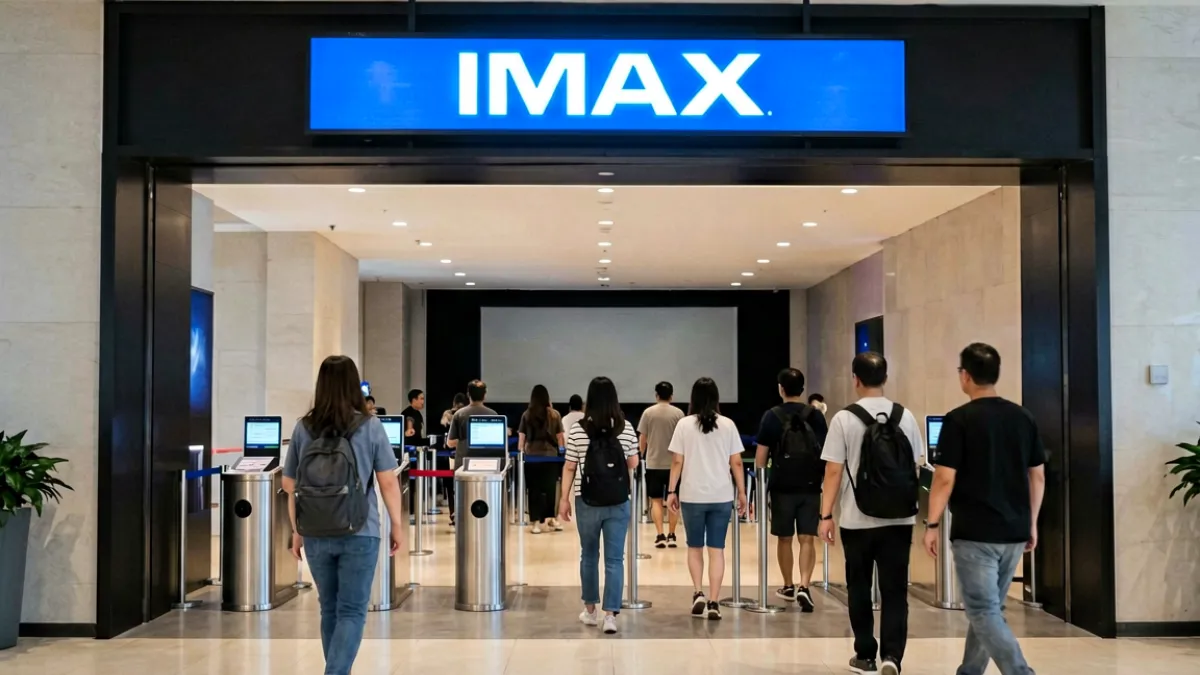 爱片 - 现代影院大厅内IMAX放映厅入口，指示牌清晰可见，人流熙攘