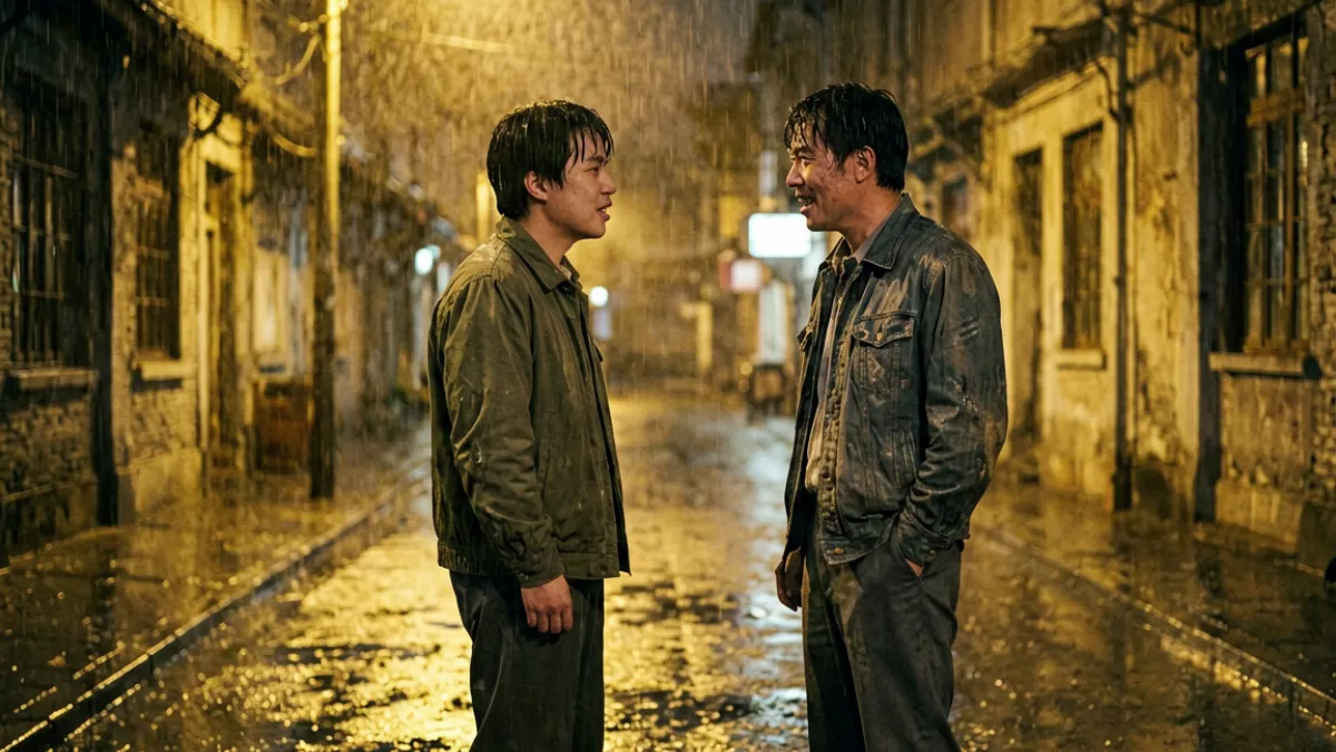 第二名爱片剧照，雨夜街道上两位演员情绪激烈对话的场景
